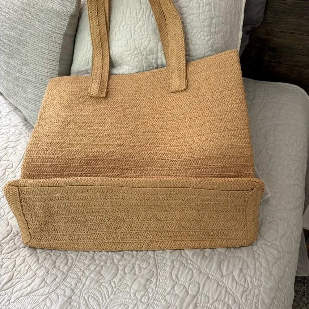 Straw Tote Bag Pearl Lettering Floral Accent